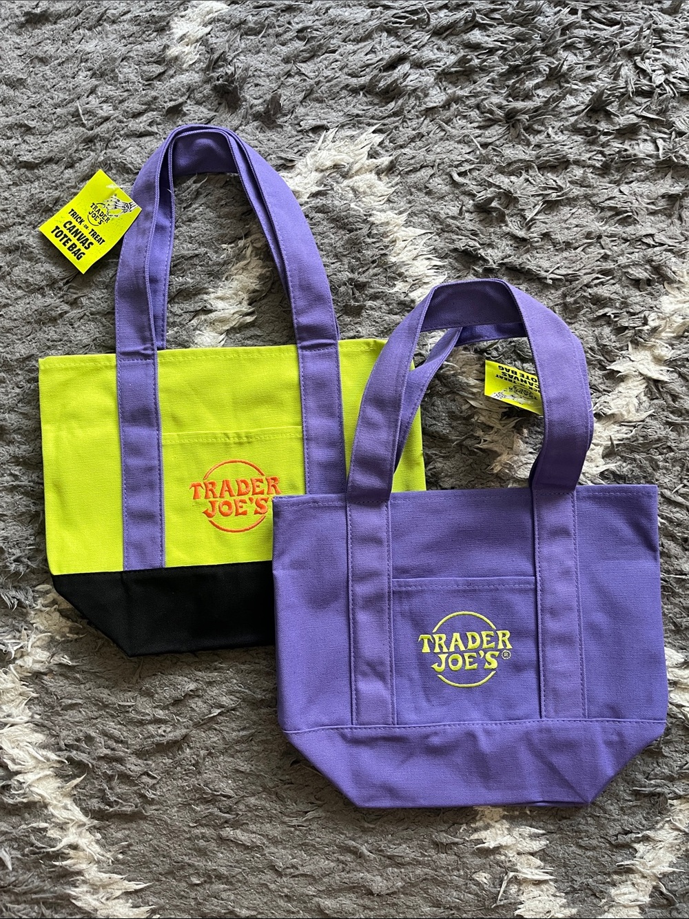 Trader Joe’s Trick or Treat Canvas tote bag. Mini tote. Lime green. Purple. New.